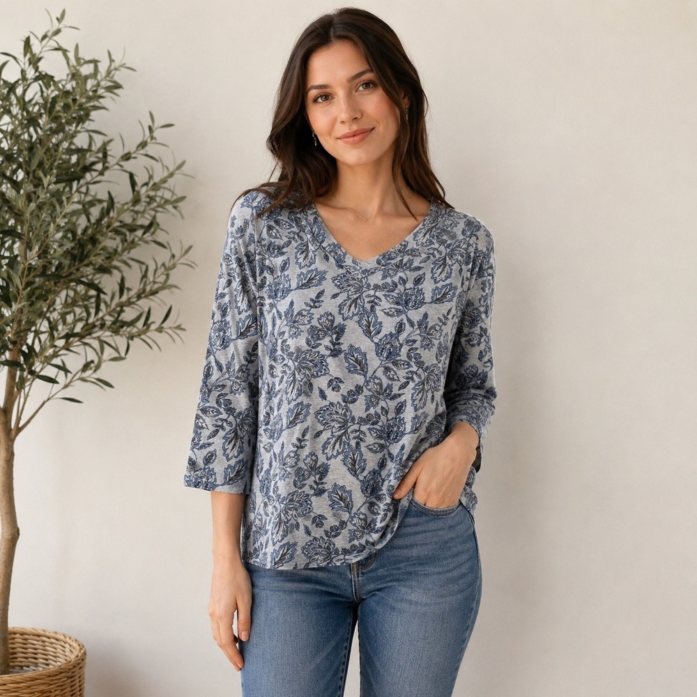 Pure Jill Organic Cotton V-Neck Floral Leaf Print 3/4 Sleeve Top Grey Blue XSP